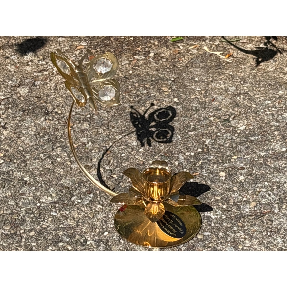 Crystocraft 24K Gold Plated Butterfly Lotus Candle Holder Austrian Crystal